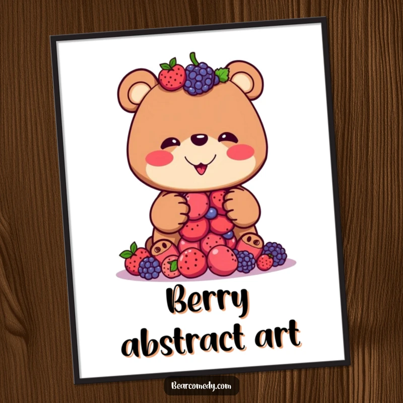 Funny digital art print of a bear with a silly grin attempting to balance a large stack of berries, perfect for charming decor.