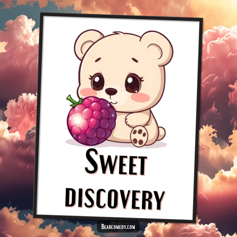 Funny digital art print of a bear character innocently sniffing a giant, sparkling berry with wide, curious eyes, evoking pure wonder.