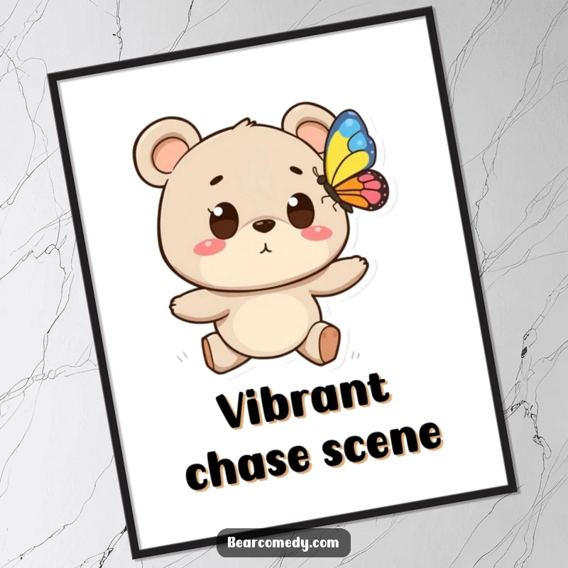 Funny digital art print of a bear character with wide eyes chasing a butterfly, offering instant whimsical and nature-themed decor.