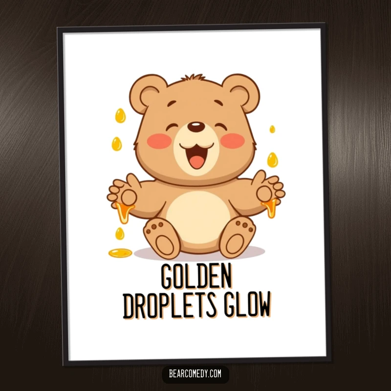 Funny digital art print of a bear with outstretched paws, joyfully catching falling honey droplets, symbolizing sweet delight.