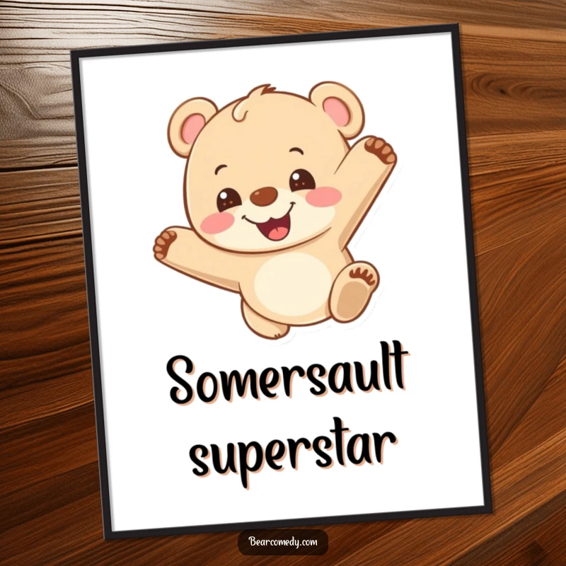 Funny digital art print of a happy bear cub doing a somersault with a big grin, capturing pure energy and playful joy for decor.