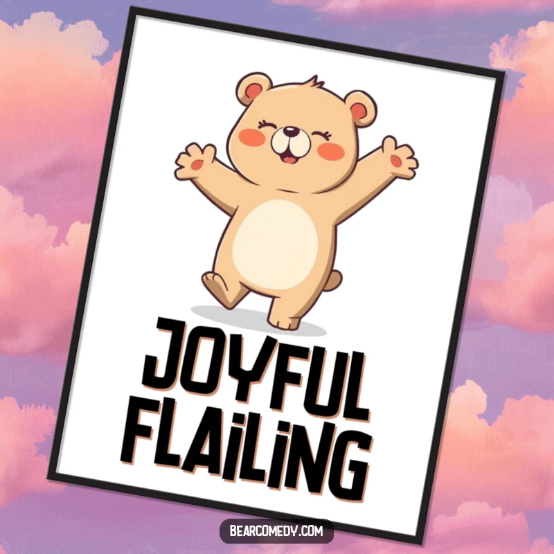 Funny digital art print of a bear character performing a comically clumsy and ecstatic dance, ideal for humorous home decoration.