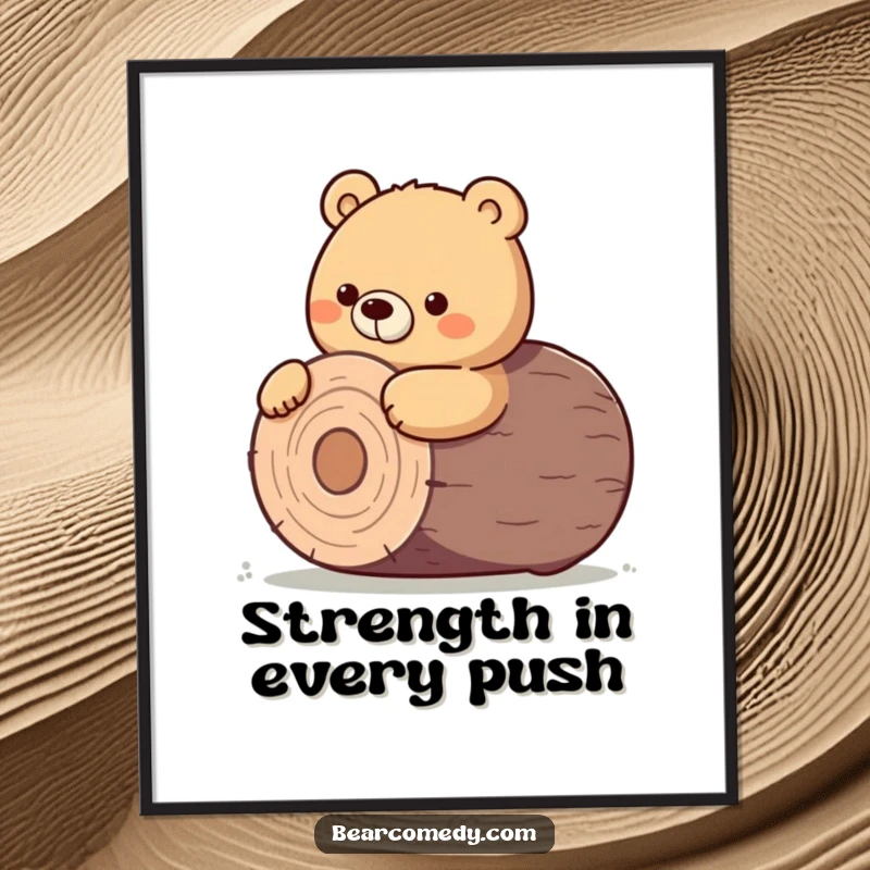 Funny digital art print of a bear character determinedly nudging a giant, round log.
