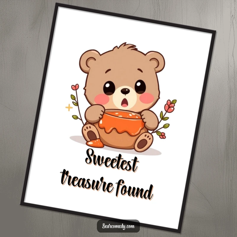 Funny digital art print of a bear character squeaking in surprise upon discovering a hidden pot of jam.