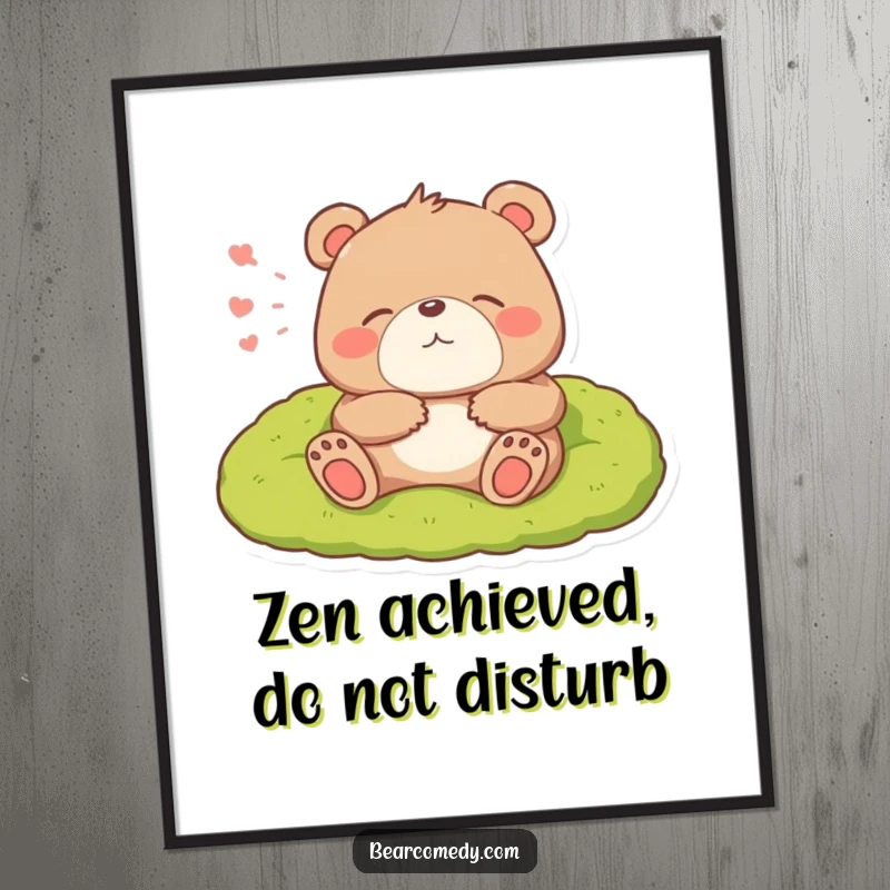 Funny digital art print of a bear character lounging on a soft mossy bed and letting out a big, happy sigh.