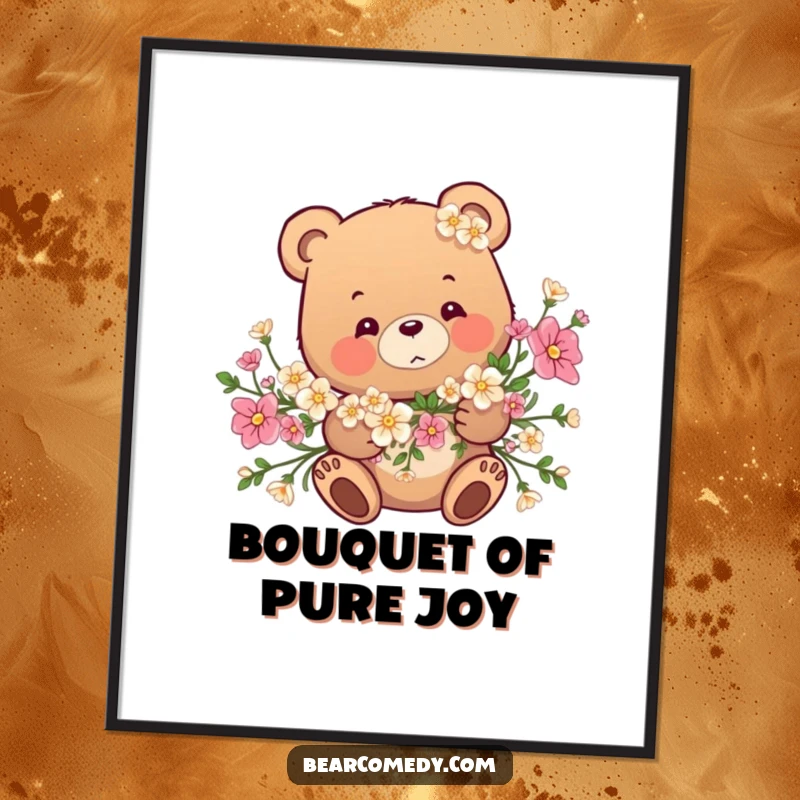 Funny digital art: A bear is playfully entangled in a vibrant garland of flowers, creating a whimsical and humorous wall art.