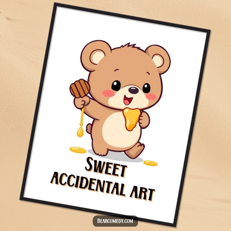 Funny digital art print of a bear with huge round ears comically tripping and spilling a large pot of honey.