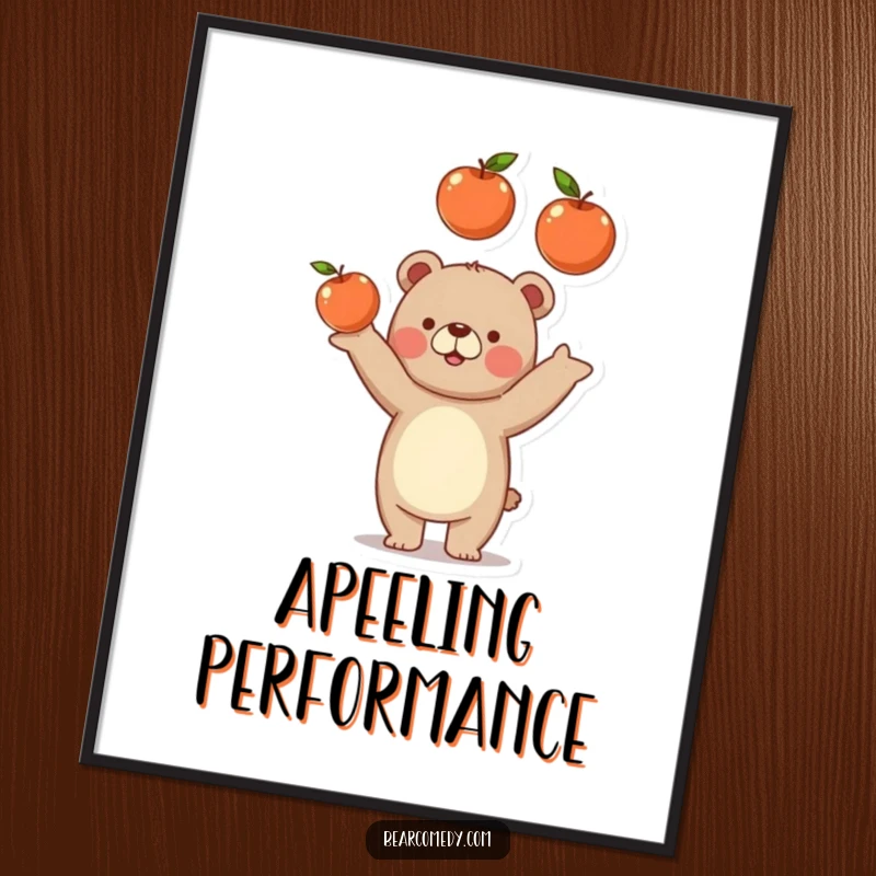 Funny bear digital art print of a bear comically juggling three round, juicy apples, a vibrant and humorous artwork.