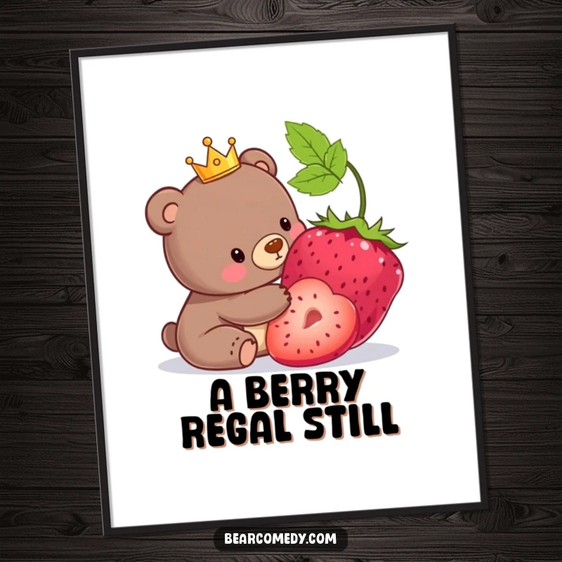 Funny digital art print of a bear wearing a tiny crown playfully nudging an oversized berry.