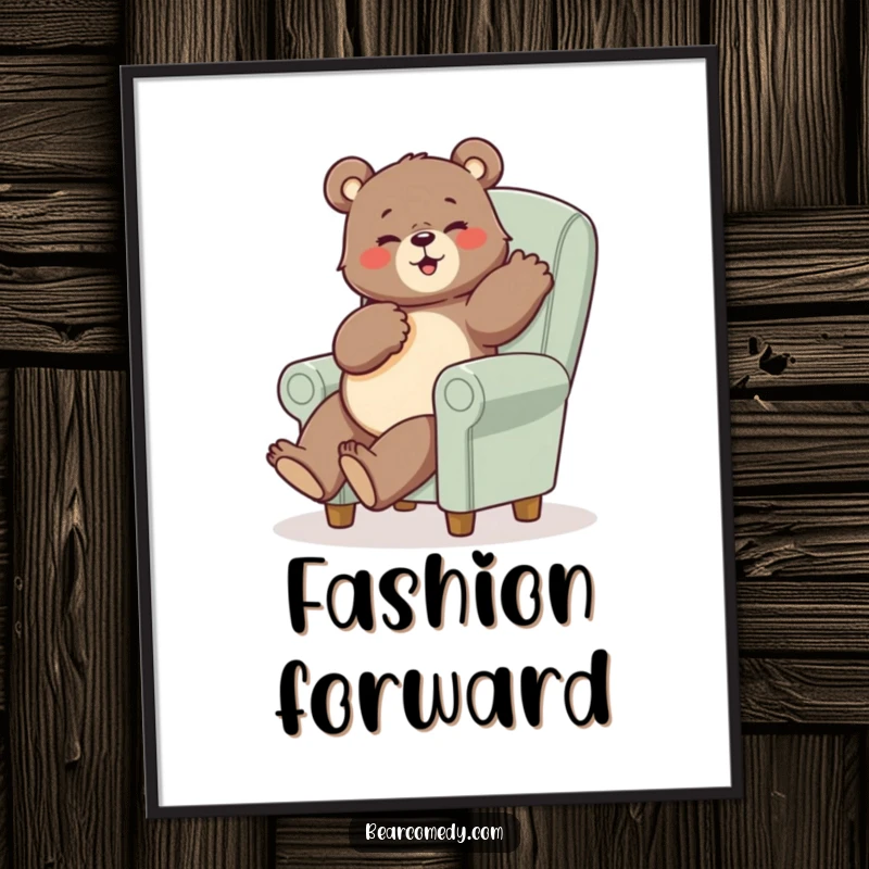 Funny bear digital art print of a bear in a comical pose sitting on a tiny, oversized chair, a humorous statement piece.