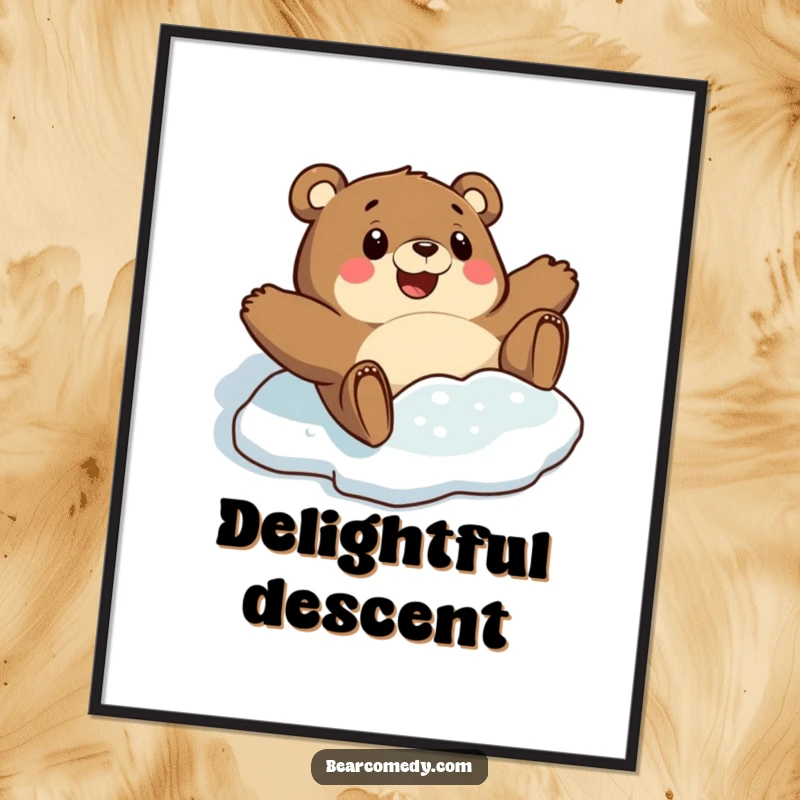 Funny digital art print of a bear character comically sliding on a slick icy patch with an expression of surprised delight, perfect for humor.