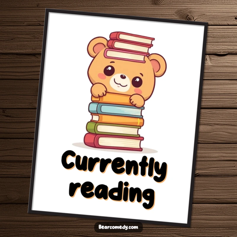 Funny digital art of a bear character peeking with great delight from behind a tall stack of books, radiating curiosity.
