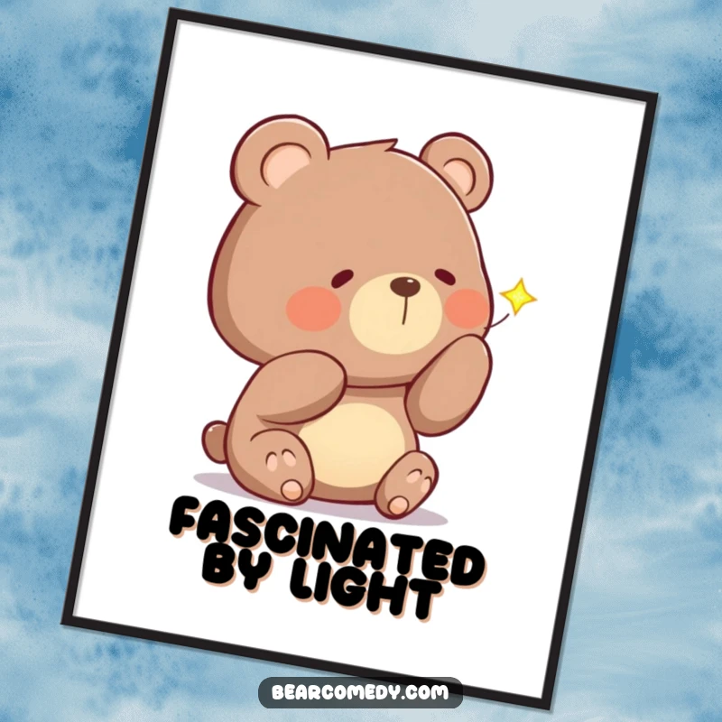 Funny digital art print of a bear with a curious head tilt, examining a sparkling firefly, symbolizing pure nighttime wonder.