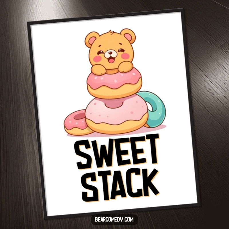 Funny digital art print of a delighted bear characterebalancing a stack of colorful, giant donuts, ideal for adding sweetness and humor to decor.