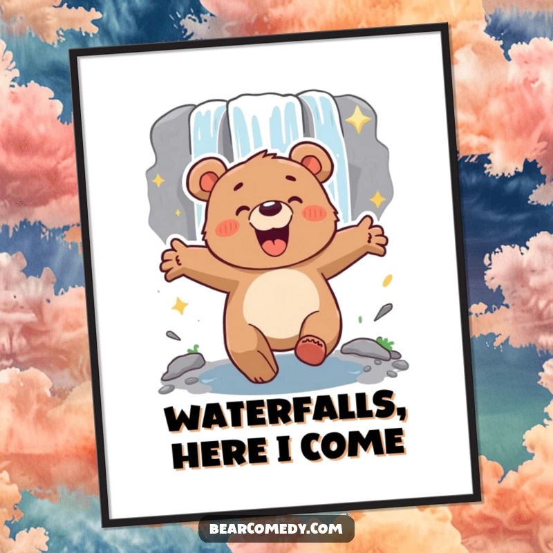 Funny energetic bear with arms outstretched, lumbering excitedly towards a sparkling waterfall, a digital art print for decor.