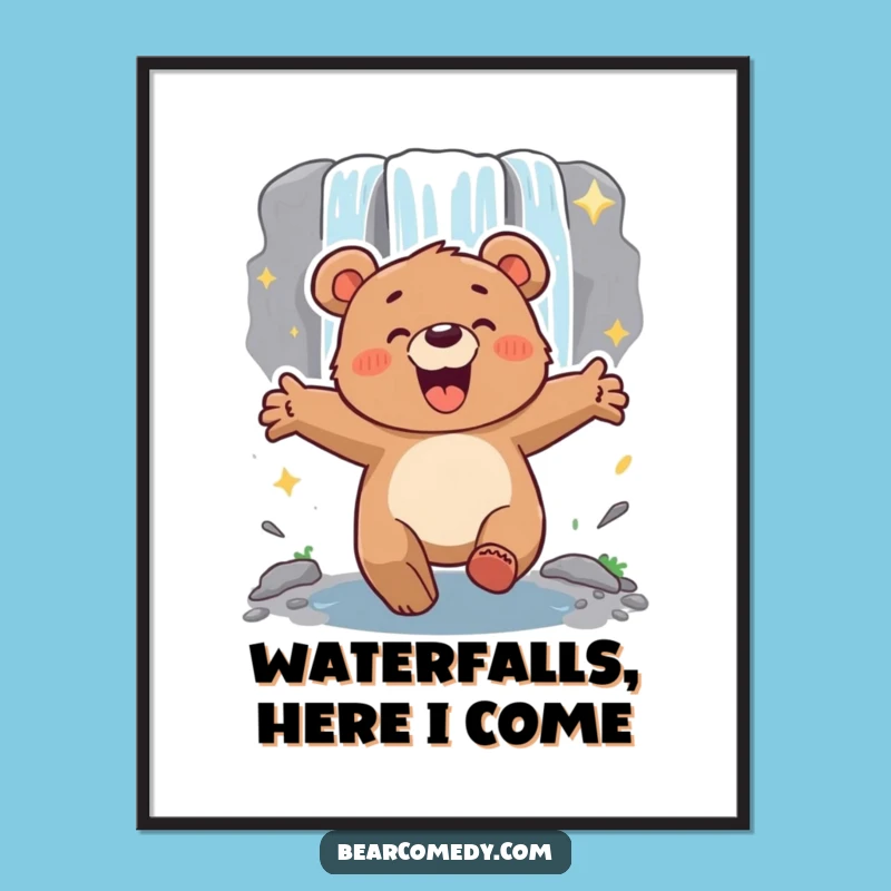 Funny Energetic Bear Waterfall Digital Art - Instant Adventure Vibe