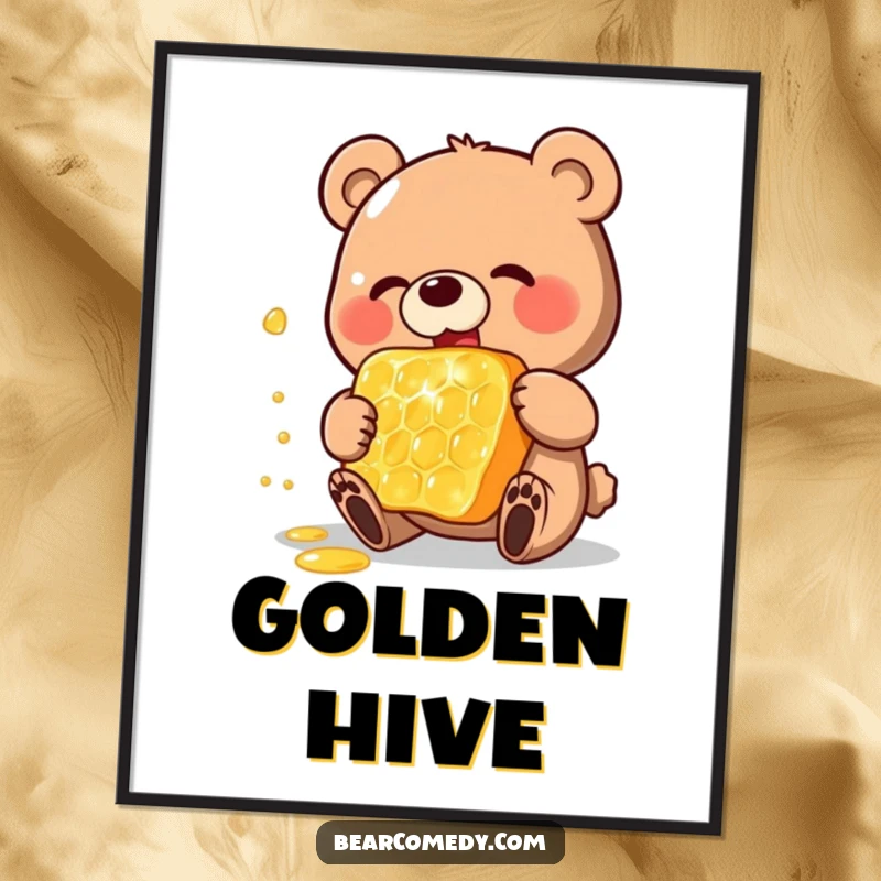 Funny digital art print of a happy bear charactereating a gigantic, shimmering honeycomb, ideal for lively and humorous home decoration.