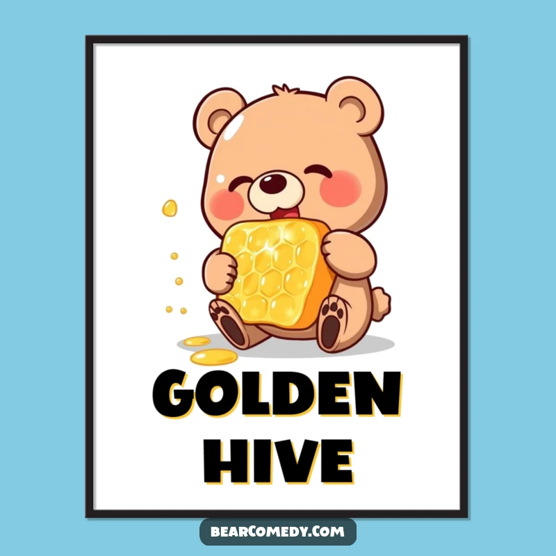 Funny Honey Bear Digital Art: Happy Bear, Giant Honeycomb Print, Gift