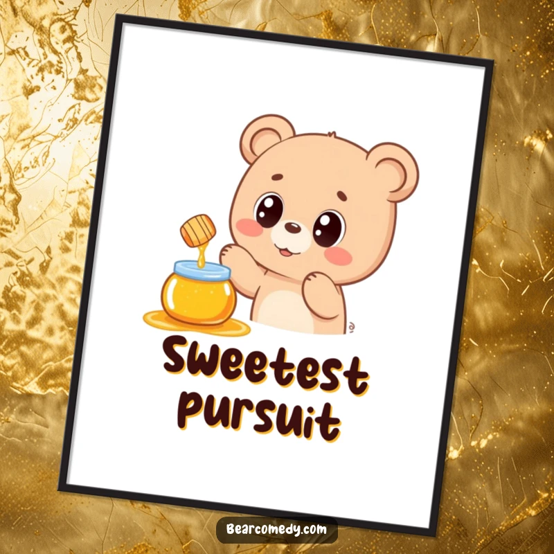 Funny digital art print of a kawaii bear with wide, happy eyes reaching for a floating honey pot, exuding sweetness and joy for decor.