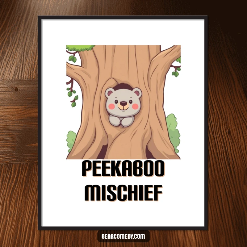 Funny digital art print of a bear peeking from behind a tree with a mischievous look, offering instant playful and humorous decor.