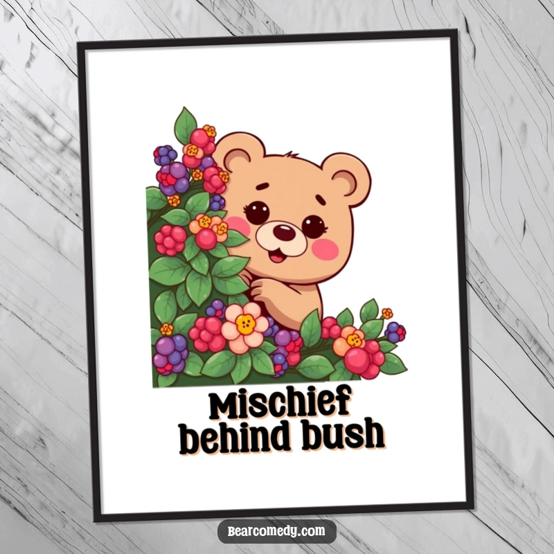 Funny digital art print of a bear with a mischievous twinkle, playfully peeking from a berry bush, embodying playful curiosity.