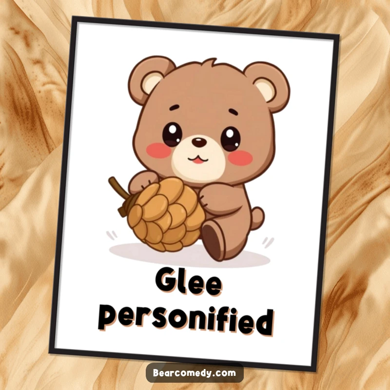 Funny digital art print of a bear character playfully chasing a rolling pinecone, eyes shining with glee, bringing energetic and humorous vibes.