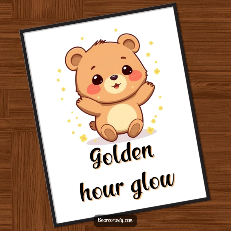 Funny digital art print of a gleeful bear character spinning with delight, covered in shimmering, sparkling pollen.