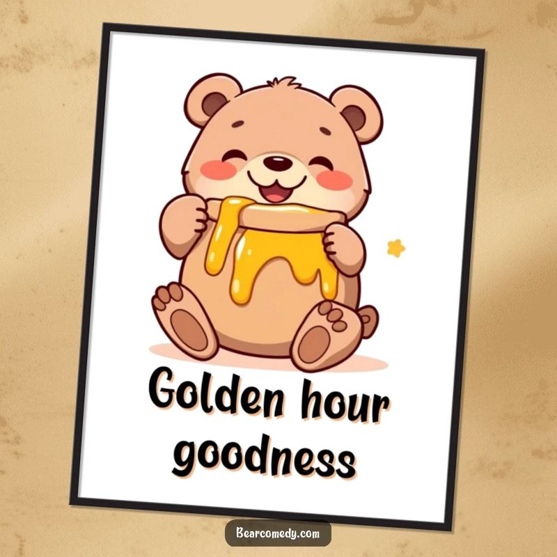 Funny digital art print of a joyful bear character embracing a large pot of honey, creating a heartwarming and humorous visual.