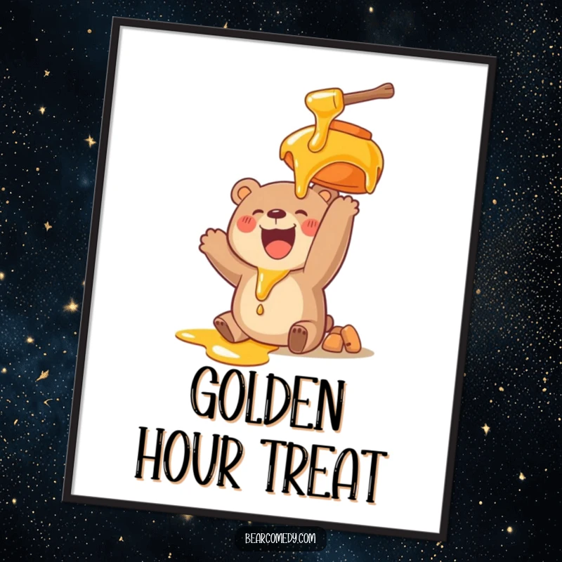 Funny digital art print of a bear character joyfully reaching for a dripping honey pot, capturing a moment of pure, sweet ecstasy.