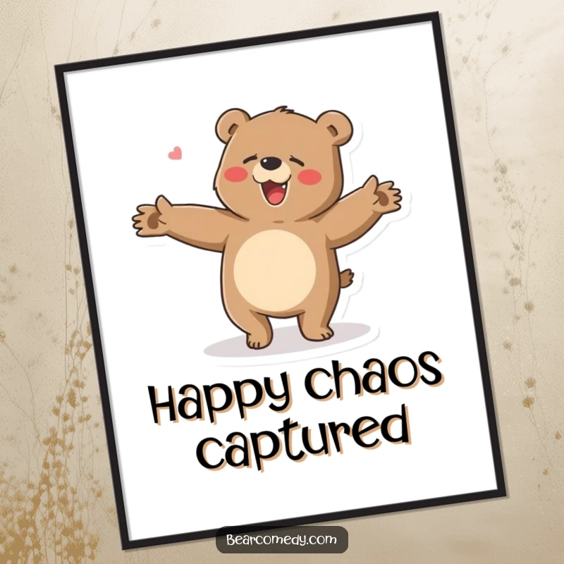 Funny digital art print of a bear character doing a clumsy, happy dance with flailing arms, capturing pure, uninhibited movement and joy.