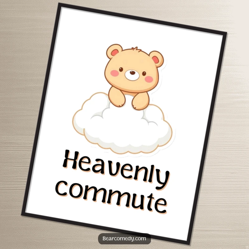 Funny digital art: A smiling bear rides on a fluffy white cloud, creating a whimsical and joyful piece of wall art.