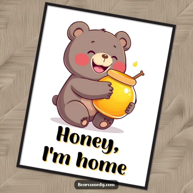 Funny digital art of a bear character with a huge smile, hugging a giant, glowing honey pot, spreading happiness.