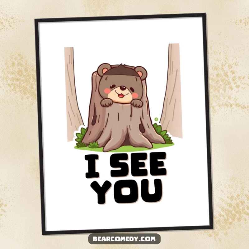 Funny bear digital art print of a bear peeking from a tree stump with a wide, mischievous, and humorous grin.