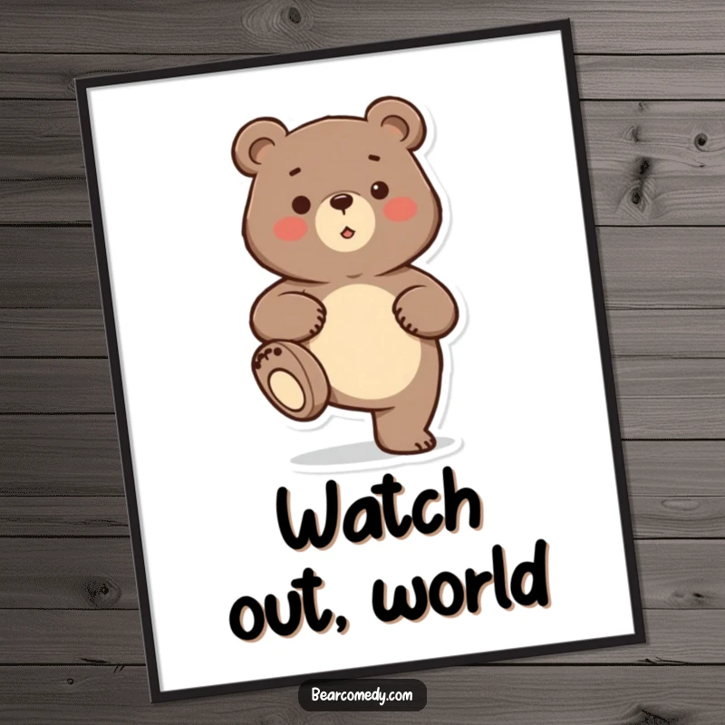 Funny bear character playfully stomping its foot in a digital art print, offering instant humorous decor.