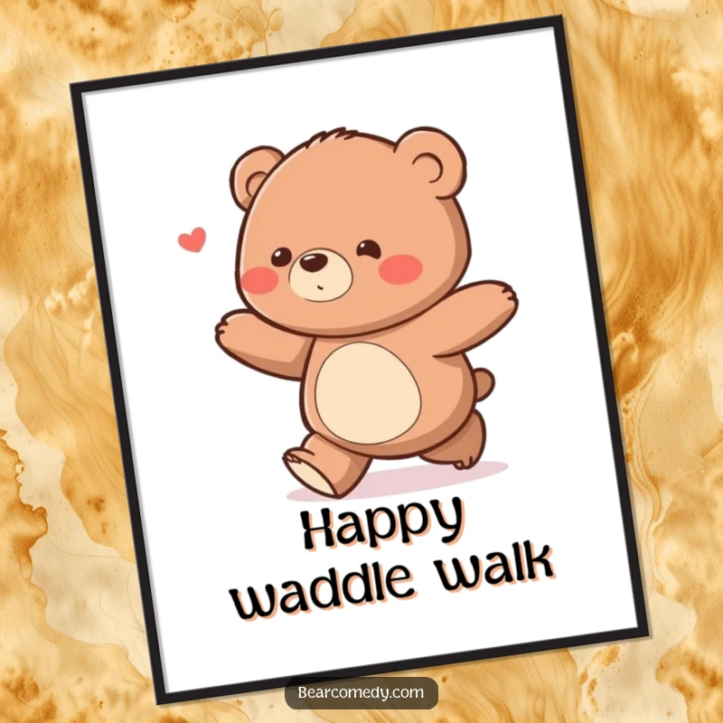 Funny bear character with a delighted waddle ambling along in a digital art print, offering instant cheer.