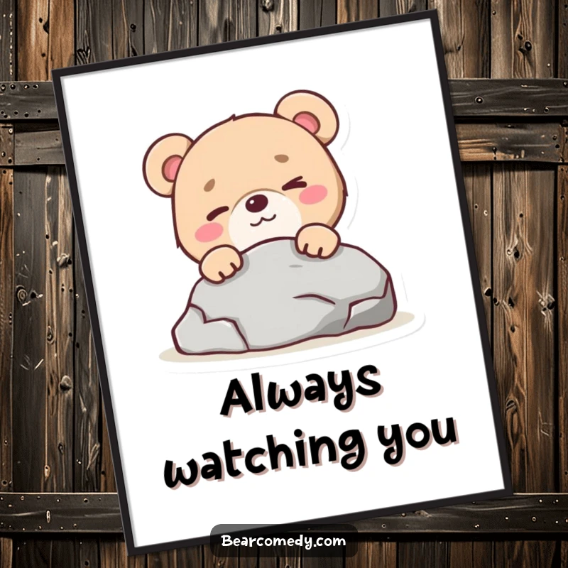 Funny bear character with a mischievous wink peeking from behind a rock in a digital art print, offering instant fun.