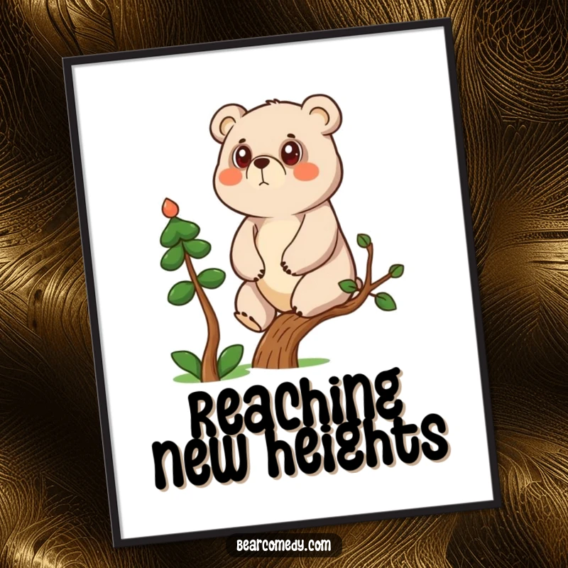 Funny determined bear character climbing a small tree in a digital art print, offering instant motivation.