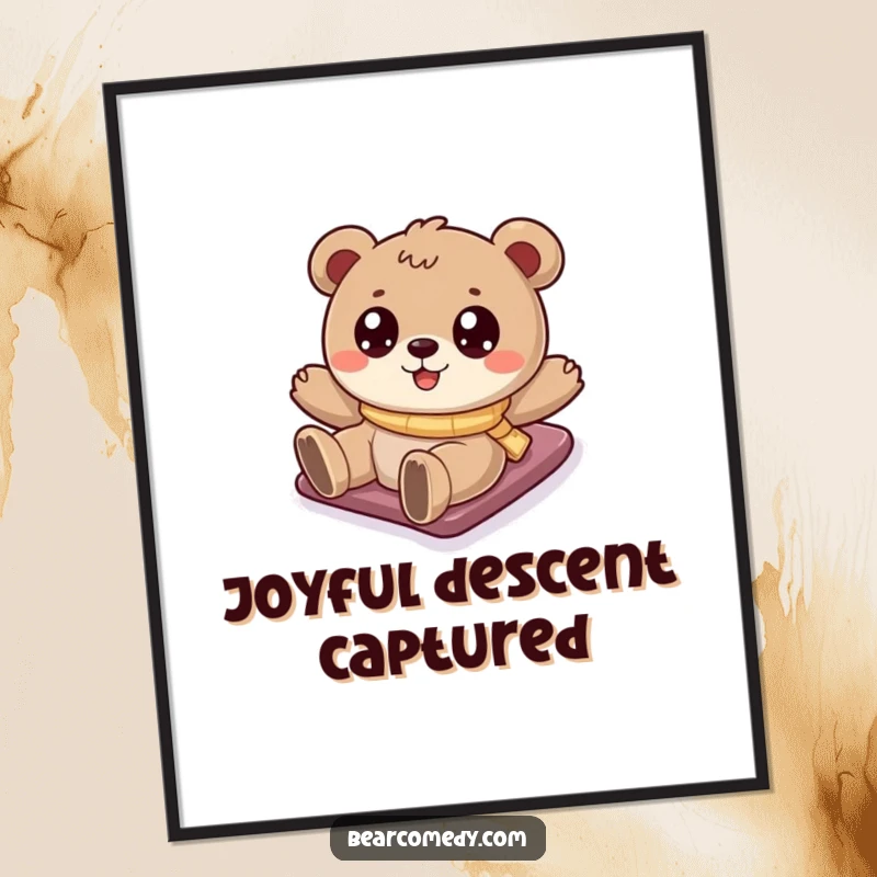 Funny bear digital art print of a cartoony bear sliding down a snowy hill, capturing pure winter joy and fun.