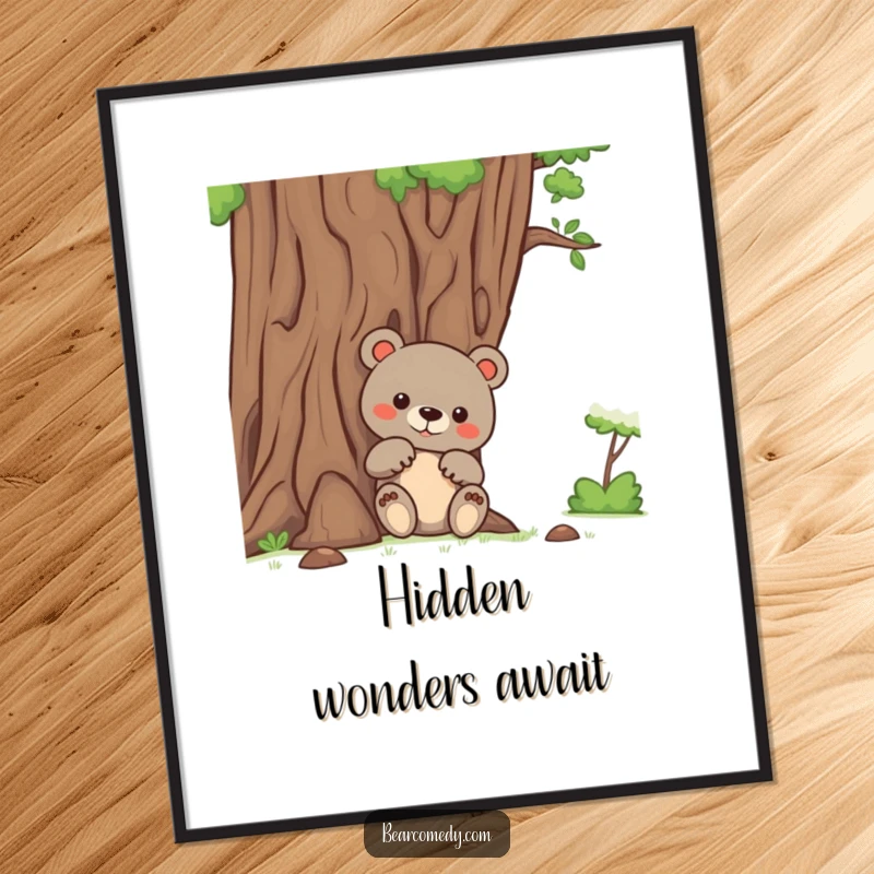 Funny bear digital art print of a bear peeking from behind a friendly tree, evoking curiosity and playful charm.