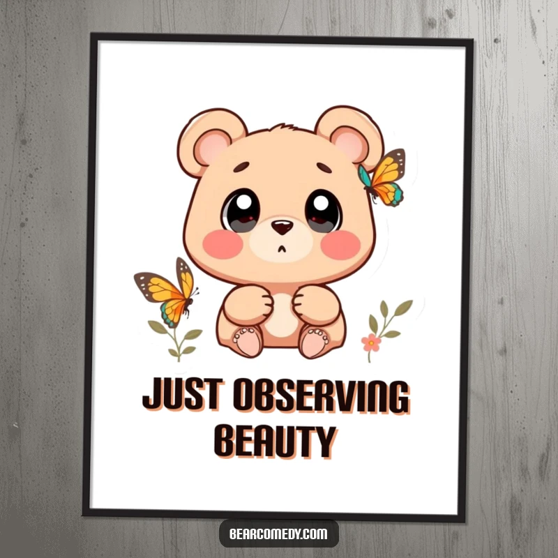 Funny bear character with wide, wondering eyes watching a butterfly in a digital art print, offering instant whimsy.
