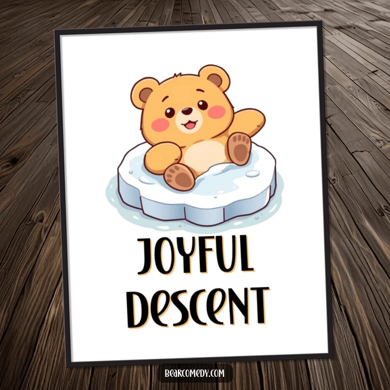 Funny digital art print of a bear character comically sliding on a slick ice patch with surprised delight, capturing pure slapstick humor.