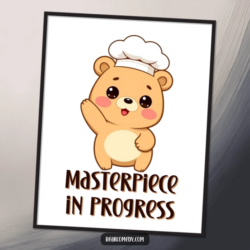 Funny digital art print of a cute bear in a chef hat, striking a comical baking pose, ideal for kitchen art.
