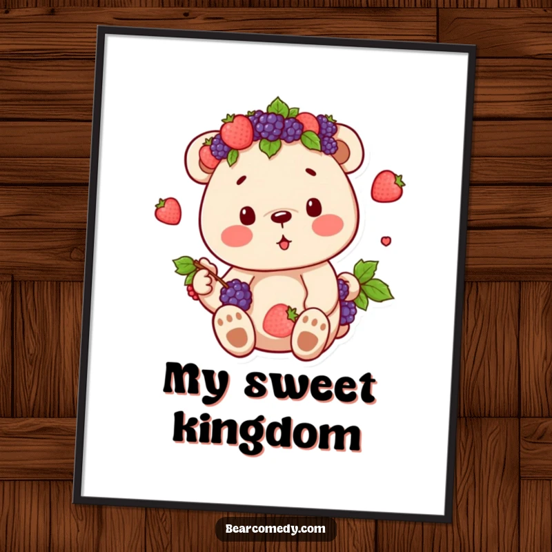 Funny digital art print of a bear character wearing a crown of berries, enjoying its sweet harvest, bringing charming and humorous vibes.