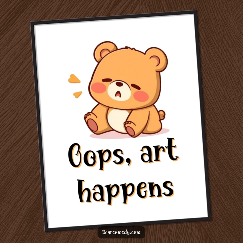Funny digital art print of a bear character stumbling with a surprised 'Oops!' expression, offering instant humorous decor.