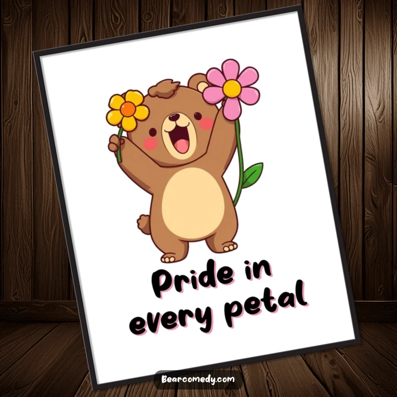 Funny digital art print of a bear character proudly roaring and holding a brightly colored flower aloft.