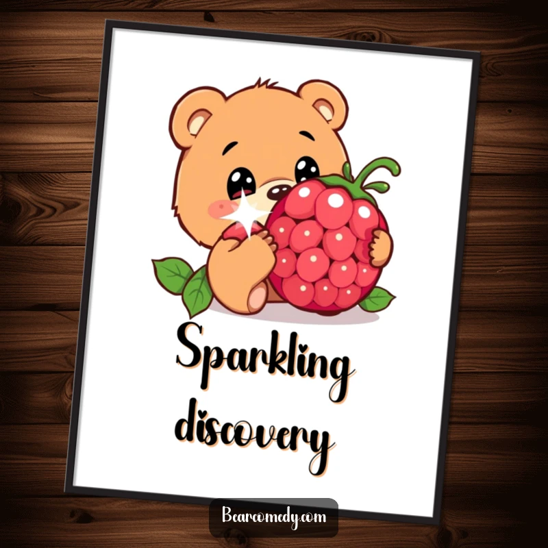 Funny digital art print of a bear character with wide, innocent eyes, curiously sniffing a giant, sparkling berry, capturing sweet fascination.