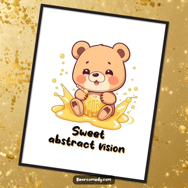 Funny digital art print of a bear gleefully splashing in a bubbly honey stream, perfect for adding sweet charm to decor.
