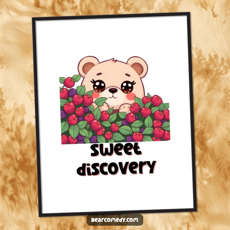 Funny digital art print of a bear with oversized, curious eyes peeking from behind a berry bush, evoking wonder and charm.
