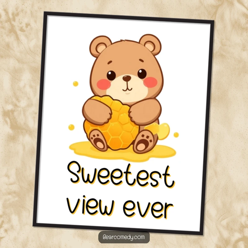 Funny digital art print of a round bear character with a wide smile, hugging a giant honeycomb, symbolizing pure sweet joy.