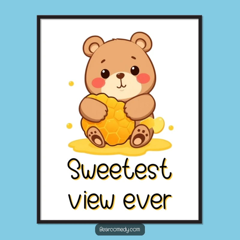 Funny Bear Hugging Honeycomb Digital Art: Instant Sweet Joy for Your Walls